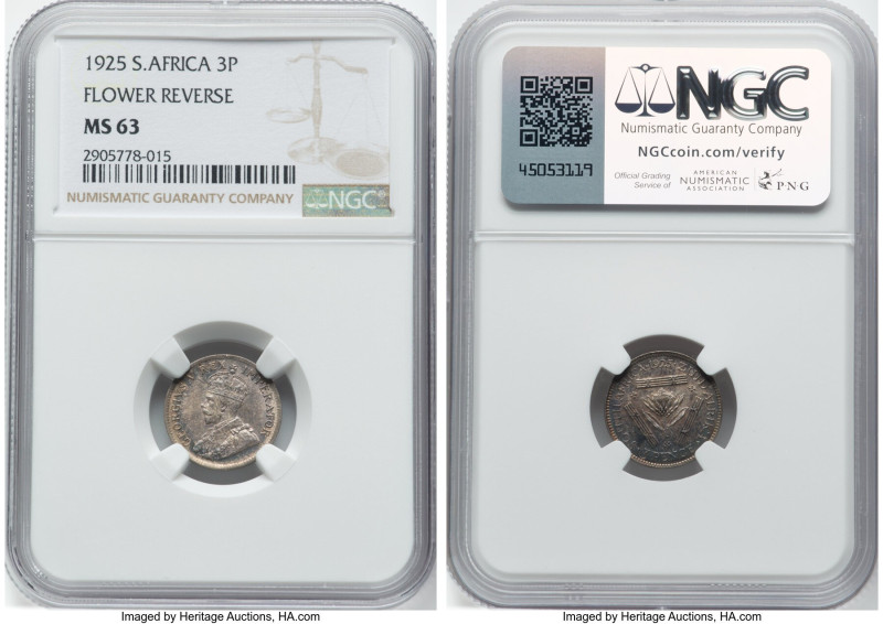 George V 3 Pence 1925 MS63 NGC, Pretoria mint, KM15.1, Hern-S124. Variety with p...