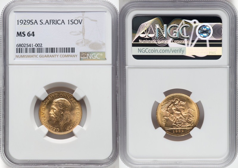 George V gold Sovereign 1929-SA MS64 NGC, Pretoria mint, KM-A22, S-4005. A popul...