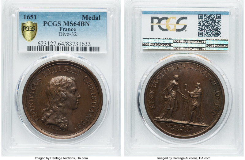 Louis XIV 4-Piece Lot of Certified Medals PCGS, 1) "Coming of Age" Medal 1651 MS...