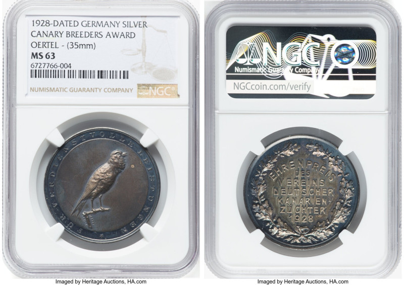 "Canary Breeders Award" silver Medal 1928-Dated MS63 NGC, 35mm. By Oertel. A hig...