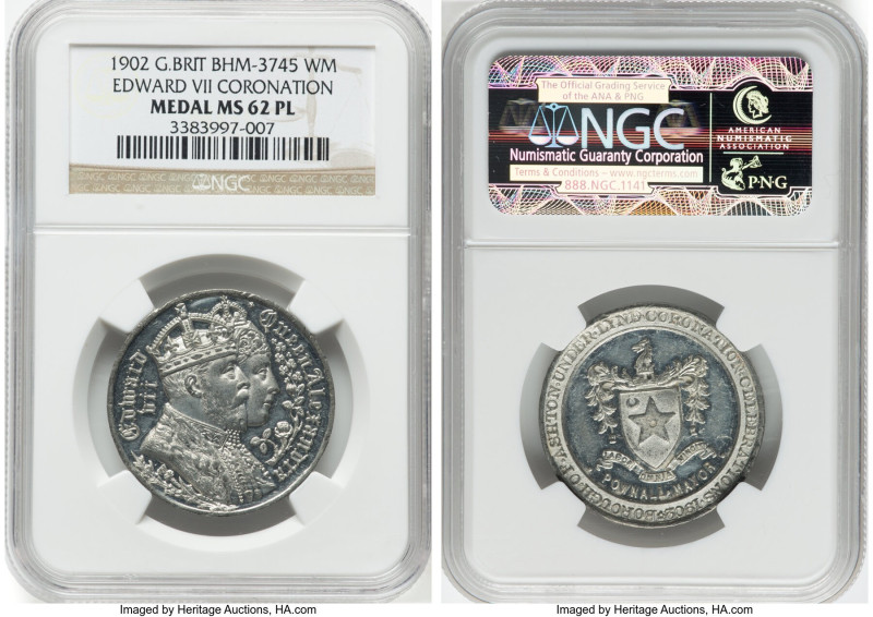 Edward VII white metal "Coronation" Medal 1902 MS62 Prooflike NGC, BHM-3745. 31m...