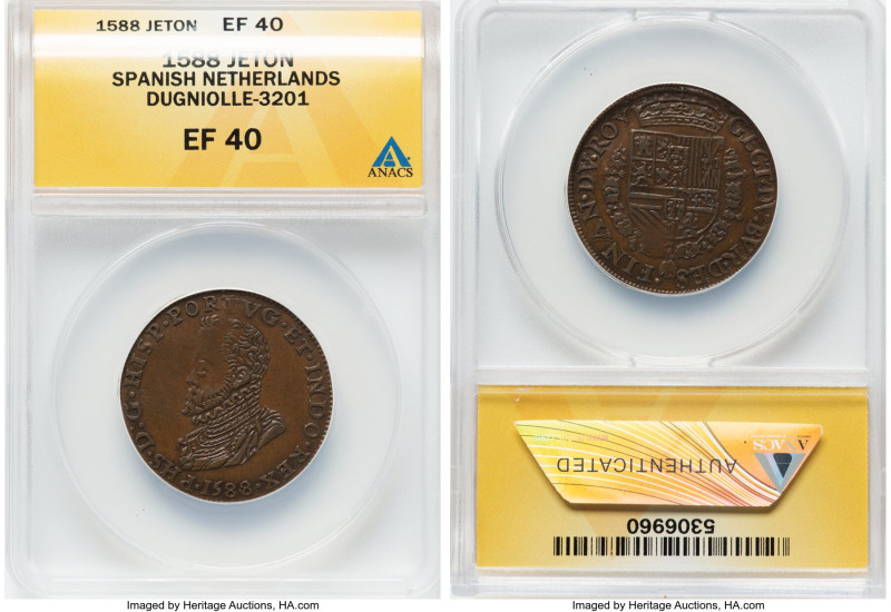 Philip II of Spain "King's Finance Office" Jeton 1588 XF40 ANACS, Dugniolle-3201...