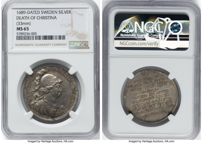 "Death of Christina" silver Medal 1689-Dated MS65 NGC, 33mm. HID09801242017 © 20...