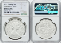 British Dependency. Elizabeth II silver Matte Proof "Gothic Crown - Quartered Arms" 5 Pounds 2021 PR70 NGC, Commonwealth mint, KM-Unl. Mintage: 625. H...