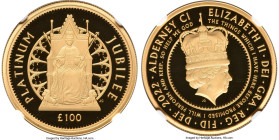 British Dependency. Elizabeth II gold Proof "Platinum Jubilee - Enthroned Queen" 100 Pounds (1 oz) 2022 PR70 Ultra Cameo NGC, KM-Unl. Mintage: 100. Ho...