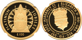 British Dependency. Elizabeth II gold Proof "Platinum Jubilee - Enthroned Queen" 100 Pounds (1 oz) 2022 PR70 Ultra Cameo NGC, KM-Unl. Mintage: 100. Ho...