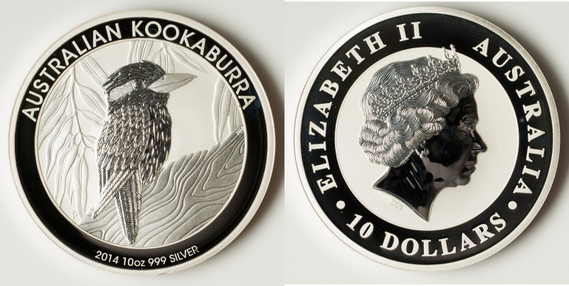 Elizabeth II silver Proof "Kookaburra" 10 Dollars (10 oz) 2014 UNC, KM-Unl. HID0...