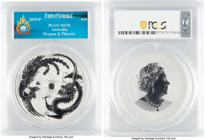 Elizabeth II silver "Dragon & Phoenix"10 Dollars (10 oz) 2019-P MS70 PCGS, Perth...