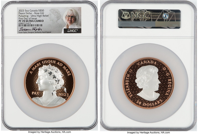 Elizabeth II rose gilt-silver Proof Ultra High Relief "Peace Dollar" 50 Dollars ...