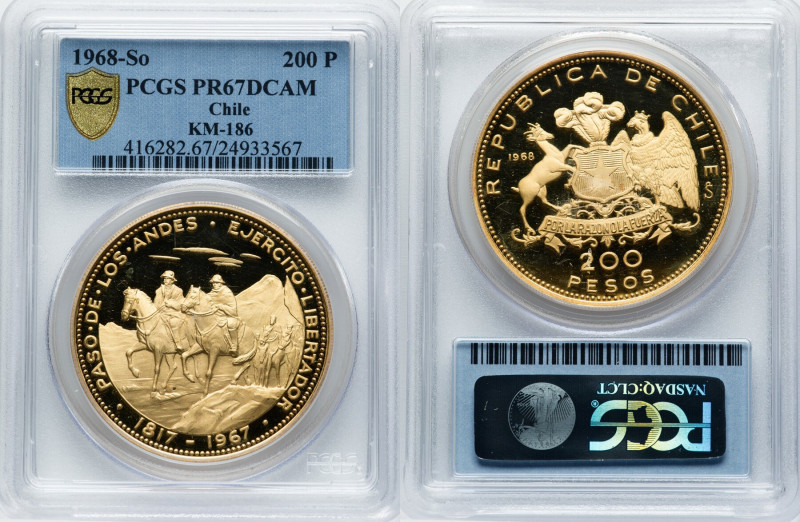 Republic gold Proof "San Martin's Passage" 200 Pesos 1968-So PR67 Deep Cameo PCG...