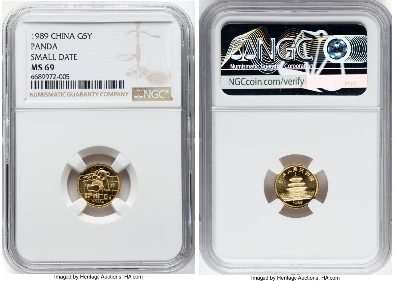 People's Republic gold "Panda" 5 Yuan (1/20 oz) 1989 MS69 NGC, KM183, PAN-104A. ...