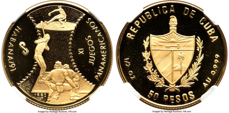 Republic gold Proof Piefort "Pan American Games Havana - Baseball" 50 Pesos 1990...