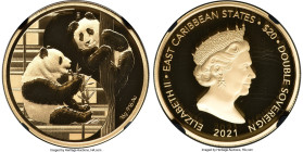 British Colony. Elizabeth II gold Proof "Edinburgh Pandas - 10th Anniversary" 20 Dollars Dual Denomination $20-2 Pounds 2021 PR70 Ultra Cameo NGC, KM-...