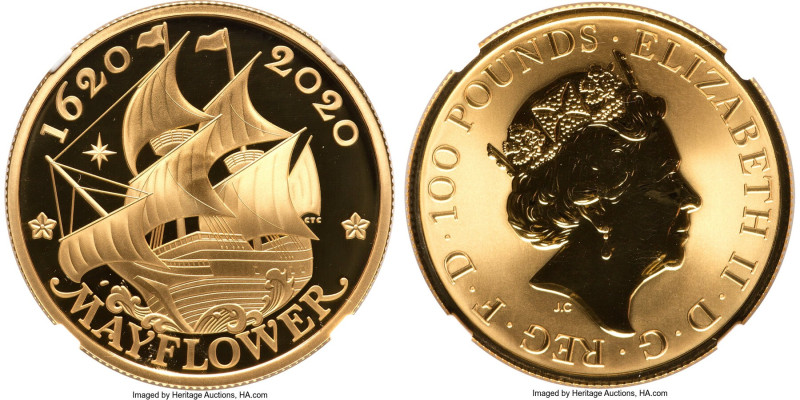 Elizabeth II gold Proof "Mayflower 400th Anniversary" 100 Pounds (1 oz) 2020 PR7...