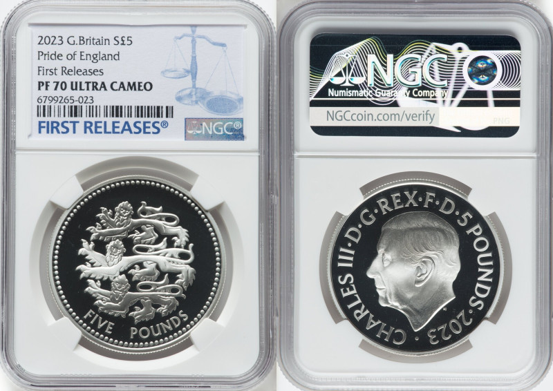 Charles III silver Proof "Pride of England" 5 Pounds 2023 PR70 Ultra Cameo NGC, ...