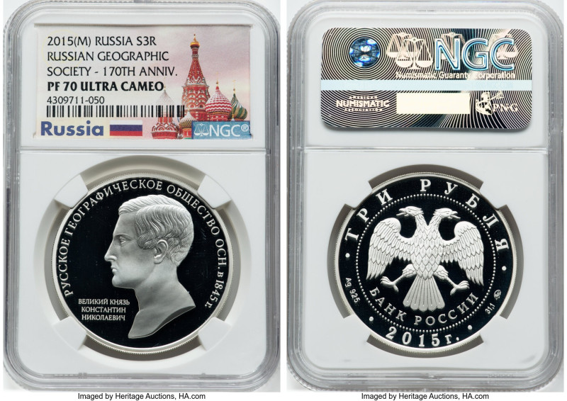 Russian Federation silver Proof "170th Anniversary of the Russian Geographic Soc...