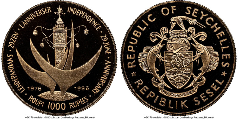 Republic gold Proof "10th Anniversary of Independence" 1000 Rupees 1986 PR69 Ult...