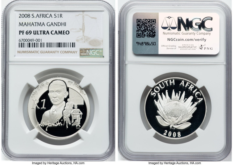 Republic silver Proof "Mahatma Ganghi" Rand 2008 PR69 Ultra Cameo NGC, KM451. No...