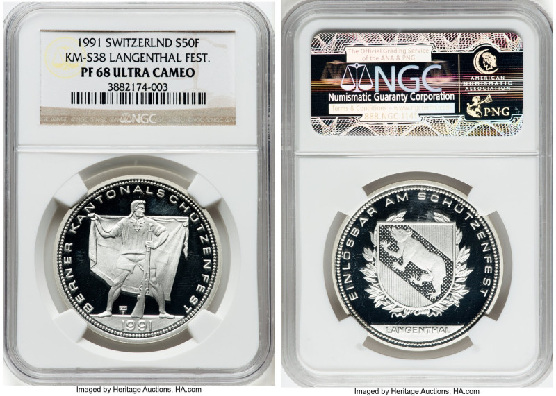 Confederation Proof 50 Francs 1991 PR68 Ultra Cameo NGC, KM-XS38. Langenthal Fes...