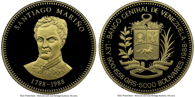 Republic gold Proof "Marino Bicentennial" 5000 Bolivares 1988 PR69 Ultra Cameo N...