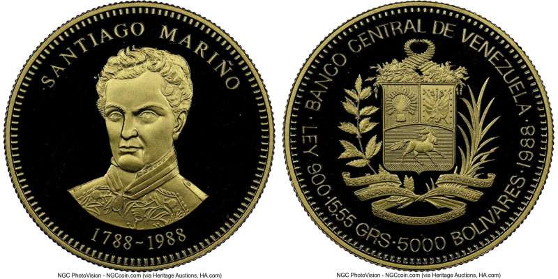 Republic gold Proof "Marino Bicentennial" 5000 Bolivares 1988 PR68 Ultra Cameo N...