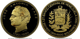 Republic gold Proof "Jose Antonio Paez - 200th Anniversary of Birth" 5000 Bolivares 1990-(mm) PR68 Ultra Cameo NGC, Mexico City mint, KM-Y65. HID09801...