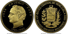 Republic gold Proof "Jose Antonio Paez - 200th Anniversary of Birth" 5000 Bolivares 1990 PR68 Ultra Cameo NGC, Mexico City mint, KM-Y65. HID0980124201...