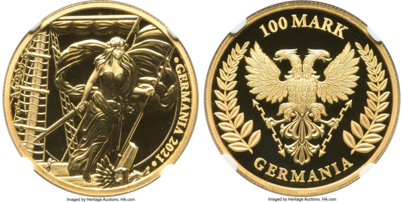 Private Issue gold Proof "Lady Germania" 100 Mark (1 oz) 2021 PR70 Ultra Cameo N...