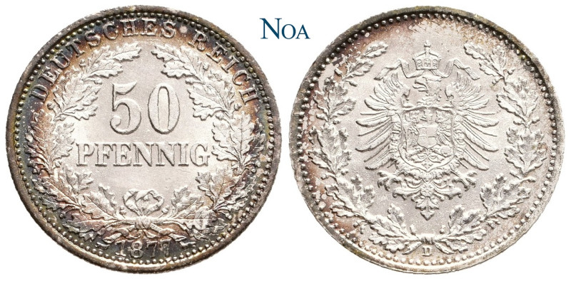 REICHSKLEINMÜNZEN
 50 Pfennig 1877 D München J. 8. Feine Tönung, gutes vorzügli...