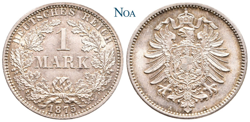 REICHSKLEINMÜNZEN
 1 Mark 1875 A Berlin J. 9. Attraktive Tönung, Stempelglanz