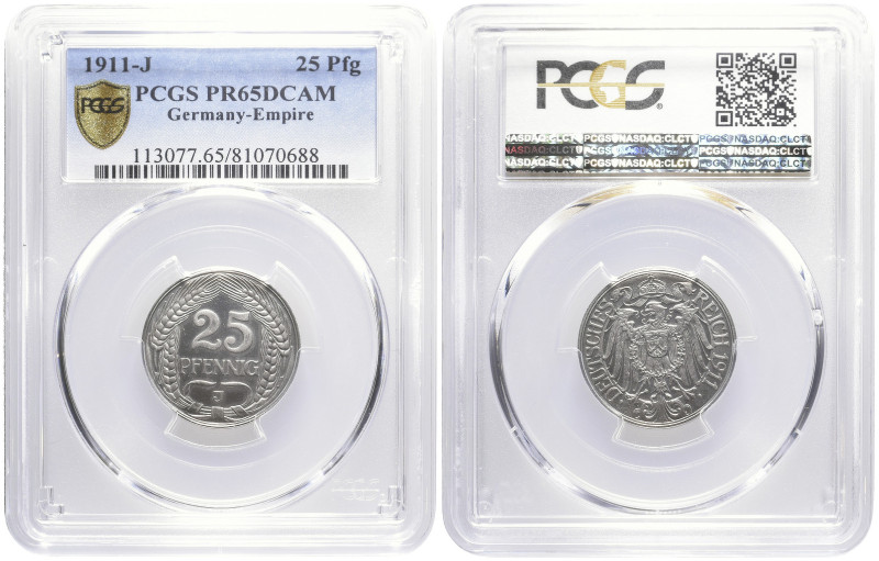 REICHSKLEINMÜNZEN
 25 Pfennig 1911 J Hamburg Die Auflagenzahl in Polierter Plat...