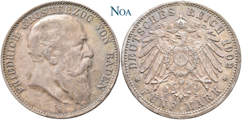 REICHSSILBERMÜNZEN BADEN
Friedrich I., 1856-1907. 5 Mark 1902 G Karlsruhe J. 33...