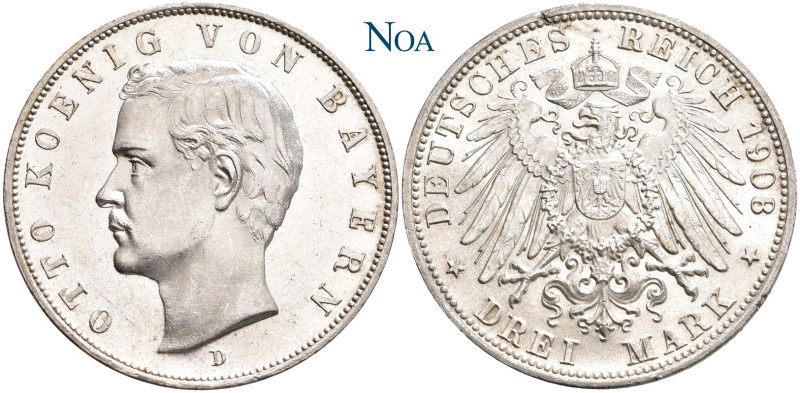 REICHSSILBERMÜNZEN BAYERN
Otto II., 1886-1913. 3 Mark 1908 D München J. 47. Vs....