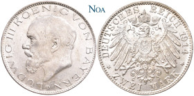 REICHSSILBERMÜNZEN BAYERN
Ludwig III., 1913-1918. 2 Mark 1914 D München J. 51. Feine Tönung, fast Stempelglanz