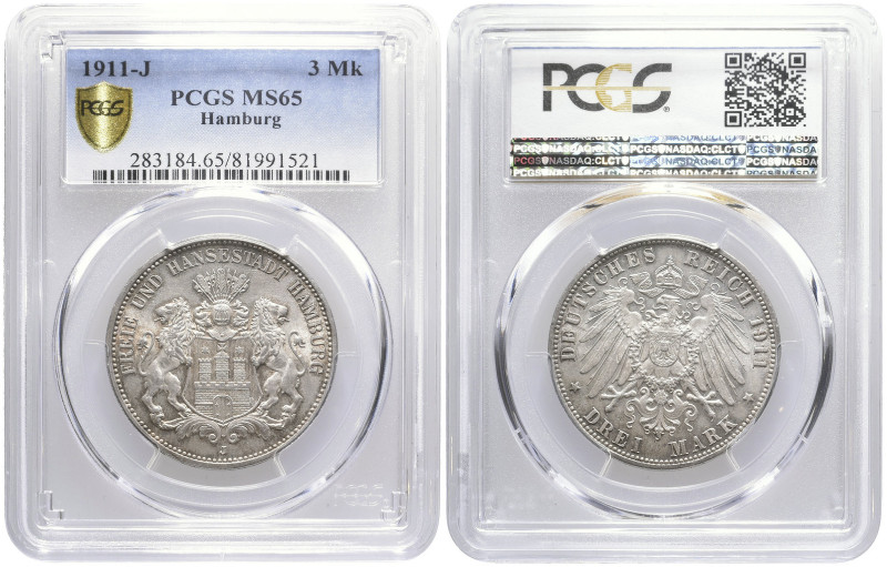 REICHSSILBERMÜNZEN HAMBURG
Freie und Hansestadt. 3 Mark 1911 J Hamburg J. 64. S...