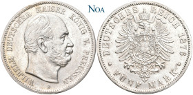 REICHSSILBERMÜNZEN PREUSSEN
Wilhelm I., 1861-1888. 5 Mark 1876 B Hannover J. 97. Rand leicht bearbeitet, fast vorzüglich