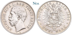 REICHSSILBERMÜNZEN REUSS, JÜNGERER LINIE
Heinrich XIV., 1867-1913. 2 Mark 1884 A Berlin Auflage: 100.000 Exemplare. J. 120. Feine Tönung, sehr schön-...