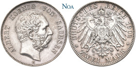REICHSSILBERMÜNZEN SACHSEN
Albert, 1873 - 1902. 2 Mark 1902 E Muldenhütten J. 124. Feine Tönung, vorzüglich