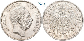 REICHSSILBERMÜNZEN SACHSEN
Albert, 1873 - 1902. 5 Mark 1891 E Muldenhütten Auflage: 52.150 Exemplare. J. 125. Selten in dieser Erhaltung. Gutes vorzü...