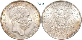 REICHSSILBERMÜNZEN SACHSEN
Albert, 1873 - 1902. 5 Mark 1902 E Muldenhütten Auf den Tod des Königs. Auflage: 100.000 Exemplare. J. 128. Attraktive Tön...
