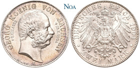 REICHSSILBERMÜNZEN SACHSEN
Georg, 1902-1904. 2 Mark 1904 E Muldenhütten Auf den Tod des Königs. J. 132. Attraktive Tönung, Stempelglanz