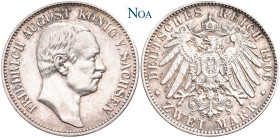 REICHSSILBERMÜNZEN SACHSEN
Friedrich August III., 1904-1918. 2 Mark 1906 E Muldenhütten J. 134. Feine Tönung, vorzüglich