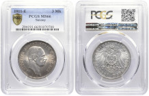 REICHSSILBERMÜNZEN SACHSEN
Friedrich August III., 1904-1918. 3 Mark 1911 E Muldenhütten J. 135. Selten in dieser Erhaltung. Prachtexemplar, Stempelgl...