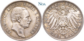 REICHSSILBERMÜNZEN SACHSEN
Friedrich August III., 1904-1918. 3 Mark 1912 E Muldenhütten J. 135. Herrliche Tönung, fast Stempelglanz