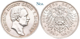 REICHSSILBERMÜNZEN SACHSEN
Friedrich August III., 1904-1918. 5 Mark 1914 E Muldenhütten J. 136. Feine Tönung, vorzüglich-Stempelglanz