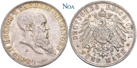 REICHSSILBERMÜNZEN SACHSEN-MEININGEN
Georg II., 1866-1914. 5 Mark 1901 D München Zum 75. Geburtstag des Herzogs. Auflage: 20.000 Exemplare. J. 150. S...