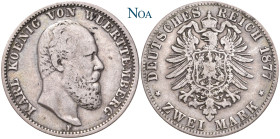 REICHSSILBERMÜNZEN WÜRTTEMBERG
Karl, 1864-1891. 2 Mark 1877 F Stuttgart J. 172. Feine Tönung, sehr schön