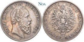 REICHSSILBERMÜNZEN WÜRTTEMBERG
Karl, 1864-1891. 5 Mark 1874 F Stuttgart J. 173. Feine Tönung, fast vorzüglich