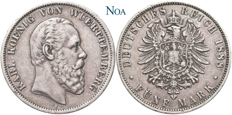 REICHSSILBERMÜNZEN WÜRTTEMBERG
Karl, 1864-1891. 5 Mark 1888 F Stuttgart Auflage...