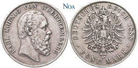 REICHSSILBERMÜNZEN WÜRTTEMBERG
Karl, 1864-1891. 5 Mark 1888 F Stuttgart Auflage: 49.258 Exemplare. J. 173. Besserer Jahrgang. Feine Tönung, gutes seh...